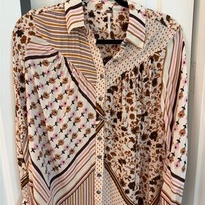 Free People Floral & Stripe Button-Up Blouse in Cream, Brown & Pink
